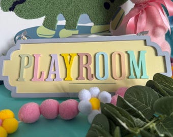 Pastel Wooden Playroom Door Plaque: Kids Play Area Decor