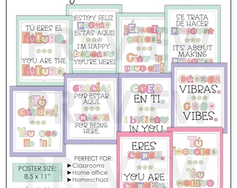 Op de afbeelding: Set van tien tweetalige positieve affirmatieposters van 8,5 bij 11 inch in pastelkleuren met Spaanse en Engelse tekst. De posters bevatten zinnen als "Jij bent de toekomst", "Ik geloof in jou" en "Jij telt".