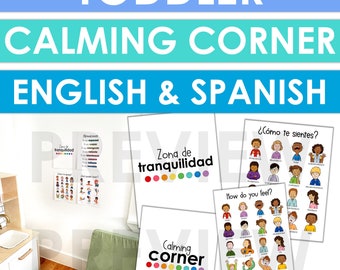 Op de afbeelding: Een set printbare posters voor een kalmerende hoek voor peuters, met de woorden "Calming Corner" en "Zona de Tranquilidad" in het Engels en Spaans. De posters bevatten een regenboog van kleuren en afbeeldingen van kinderen die verschillende emoties uitdrukken.