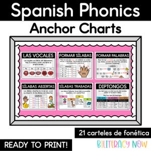 May include: A framed educational poster titled "Spanish Phonics Anchor Charts." The poster features six pink-bordered sections with Spanish vocabulary and phonetic examples. The top text reads "Spanish Phonics Anchor Charts."