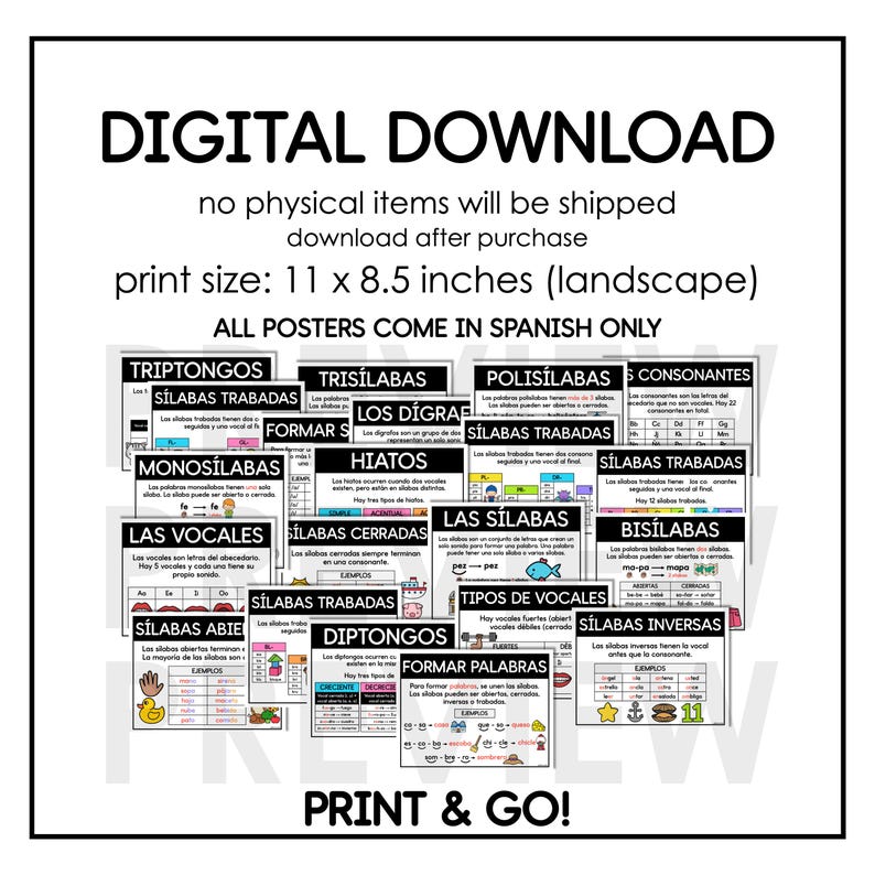 May include: A digital download poster set in Spanish, with the text "DIGITAL DOWNLOAD" at the top. The posters are 11 x 8.5 inches and cover topics like syllables, vowels, and consonants. The phrase "PRINT & GO!" is at the bottom.