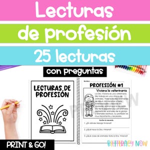 May include: A spiral-bound educational workbook titled Lecturas de Profesión featuring 25 reading passages with questions. The cover displays a book graphic with stars, and the interior page shows a text about a veterinarian named Viviana.