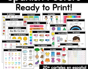 Op de afbeelding: Een verzameling Spaanse educatieve posters, klaar om af te drukken. De posters behandelen onderwerpen als het alfabet, getallen, dagen van de week, kleuren, vormen en meer. De afbeelding bevat de tekst "Spanish Posters Ready to Print!"