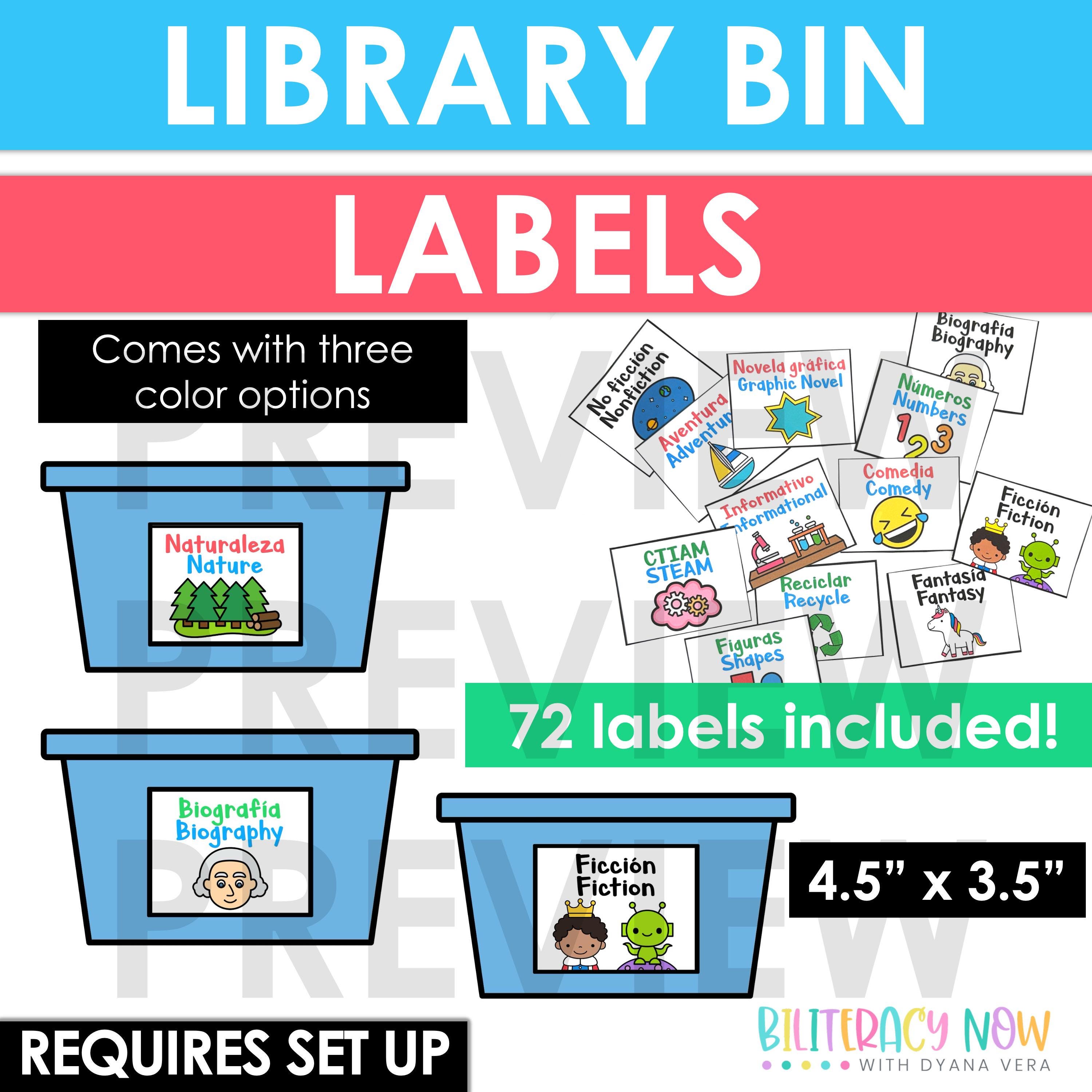 Bilingual Library Bin Labels: Spanish & English (printable PDF, 4.5x3.5 ...