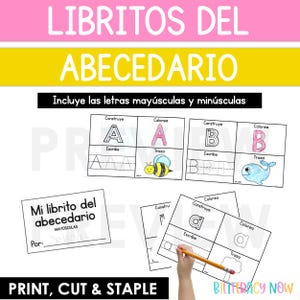 May include: Educational printable activity sheets for learning the alphabet. The sheets include uppercase and lowercase letters, with space to write, color, and trace. The text on the image says "Librítos del Abecedario" and "Print, Cut & Staple."