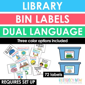 May include: A set of library bin labels with the text "Library Bin Labels Dual Language." The image includes 72 labels with various categories like "Fiction," "Biography," and "Nature." The labels are in English and Spanish.