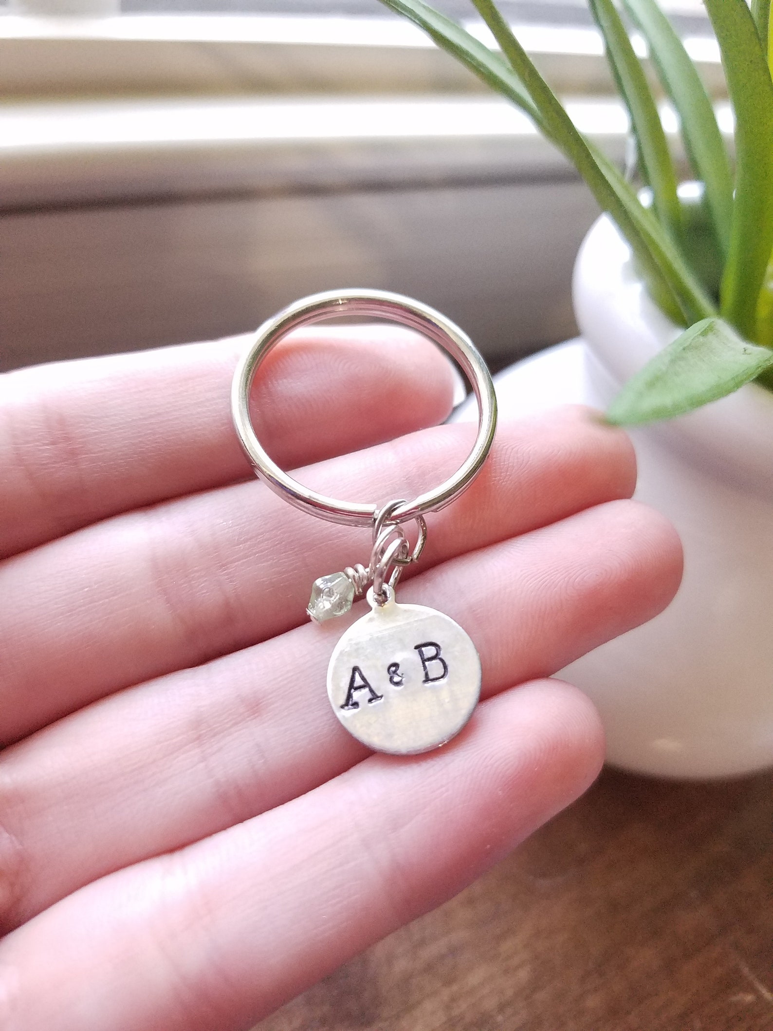 Double Initial Keychain With Charm Customized Metal Stamped Etsy