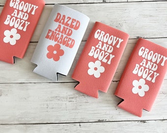 Retro Bachelorette, Groovy and Boozy, Dazed and Engaged Party Slim Can Coolers, Retro Bachelorette Party Coozies, Nashville Bachelorette