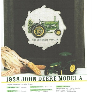 May include: Cross-stitch pattern for a 1938 John Deere Model A tractor. The pattern is for a 91 x 65 stitch count and will finish at 16.5 cm wide by 11.7 cm high when stitched on 14-count Aida fabric. The pattern includes instructions for cross-stitch and backstitch.