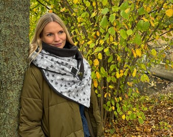 XXL Dreieckstuch Damen – Wendeschal aus Baumwolle Grau mit Pusteblumen – warmes Fleece Halstuch / handmade - Tuecherfee - Geschenk für sie