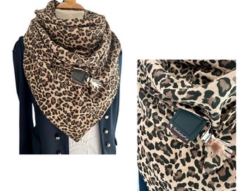 F/S Kollektion 2024 Animal print XXL Dreieckstuch, doppelt genähtes Musselin braun, beige, schwarz inkl. süßen Clip, Wickelschal, Damen Tuch