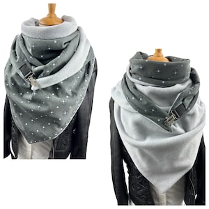 Tuecherfee / XXL triangular scarf / soft cotton scarf, with a clasp and cuddly light grey fleece, stole, scarf, poncho