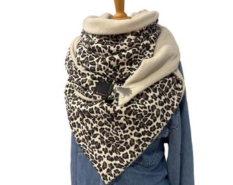 XXL Dreieckstuch Damen – Wende‑Halstuch aus Leo‑Musselin & warmem Fleece – handmade Schal „Tuecherfee“ – Geschenk für sie