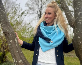 XXL Dreieckstuch Damen – doppelt genähtes Musselin in Blautönen - Dunkel-/Wasserblau– Wickelschal, Halstuch mit Clip - handmade - Tuecherfee