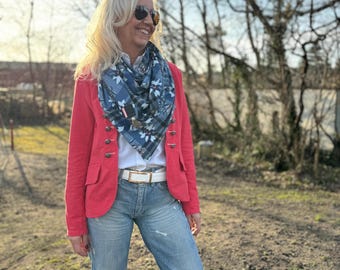 XXL Dreieckstuch Damen Jeansblau – weicher Baumwolle Schal mit Clip – rosa orange – Wickelschal – Geschenk für sie