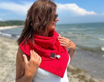 XXL Dreieckstuch Damen – doppelt genähtes Musselin Rot mit Anker-Motiv – Wickelschal / Halstuch mit Clip – Tuecherfee - Geschenk für sie