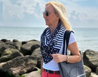 Kreatives Wende‑Dreieckstuch Damen – XXL Halstuch aus Baumwolle – Dunkelblau/Grau/Weiß – Handmade Tuch mit süßem Clip, Geschenk für Frauen
