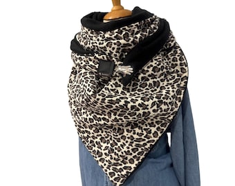 XXL Dreieckstuch Damen – Wende‑Halstuch aus Leo‑Musselin & warmem Fleece in Schwarz  – handmade Schal „Tuecherfee“ – Geschenk für sie