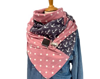XXL Dreieckstuch Handmade – Zartes Rosa mit weißen Punkten & Grau mit Ankern, liebevoll genäht inkl. Clip „Helfende Hand“, Geschenk Frauen