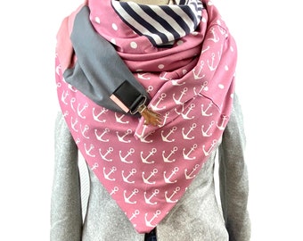 Tuecherfee / Kreatives XXL Dreieckstuch mit einem süßen Clip / Halstuch in grau, rosa,  weiß -  wendbar/ aus hochwertiger Baumwolle