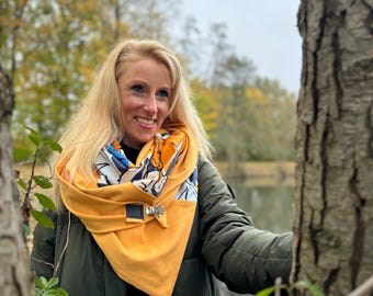 XXL Dreieckstuch Damen – weicher Wendeschal aus Baumwolle – Curry Blau Weiß  Wickelschal mit Verschluss – stilvolles Halstuch - Geschenkidee