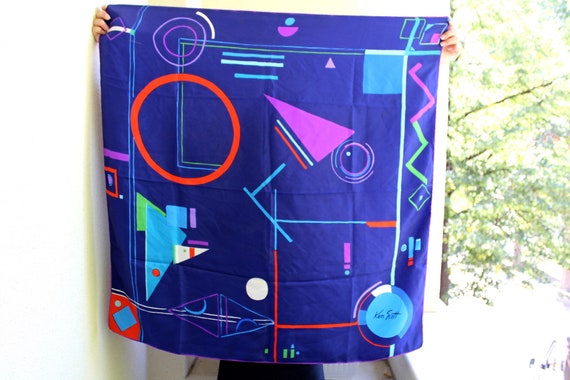90's Scarf, Hand Rolled Edges, Blue Shawl, Geometr