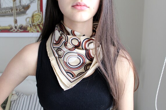 Vintage Silk Scarf, Small Bandana Scarf, Beige Bro
