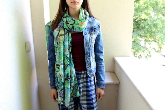 Vintage Silk Scarf, Butterfly Print Scarf, Multico