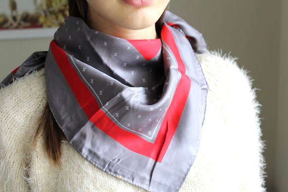 Vintage Silk Scarf, Made in Italy, Gray Red Scarf,
