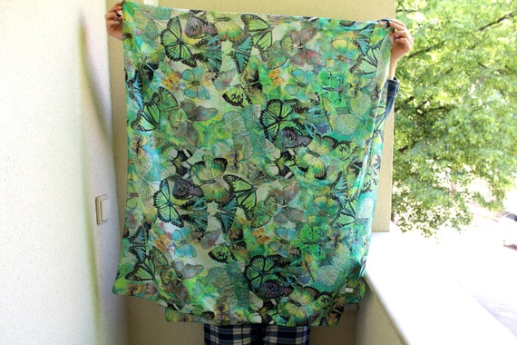 Vintage Silk Scarf, Butterfly Print Scarf, Multico