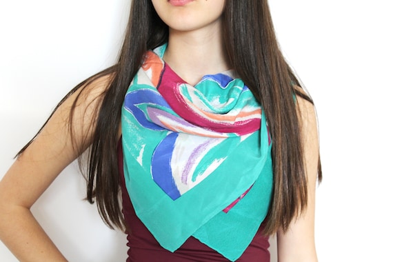 Colorful Vintage Silk Scarf, Abstract Scarf, Hand