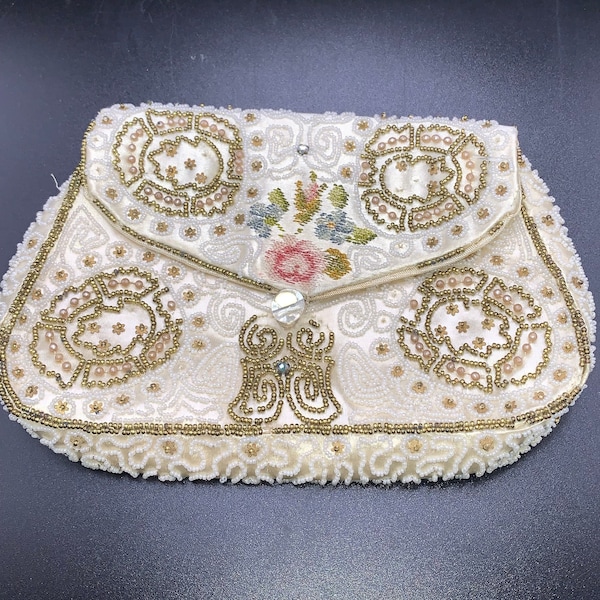 Vintage Satin Embroidered and Beaded Small Clutch Wallet Handbag