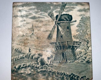 Antique English Delft Ceramic Tile Green and White Windmill Scene