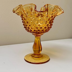 Fenton Amber Hobnail Ruffled Pedestal Dish