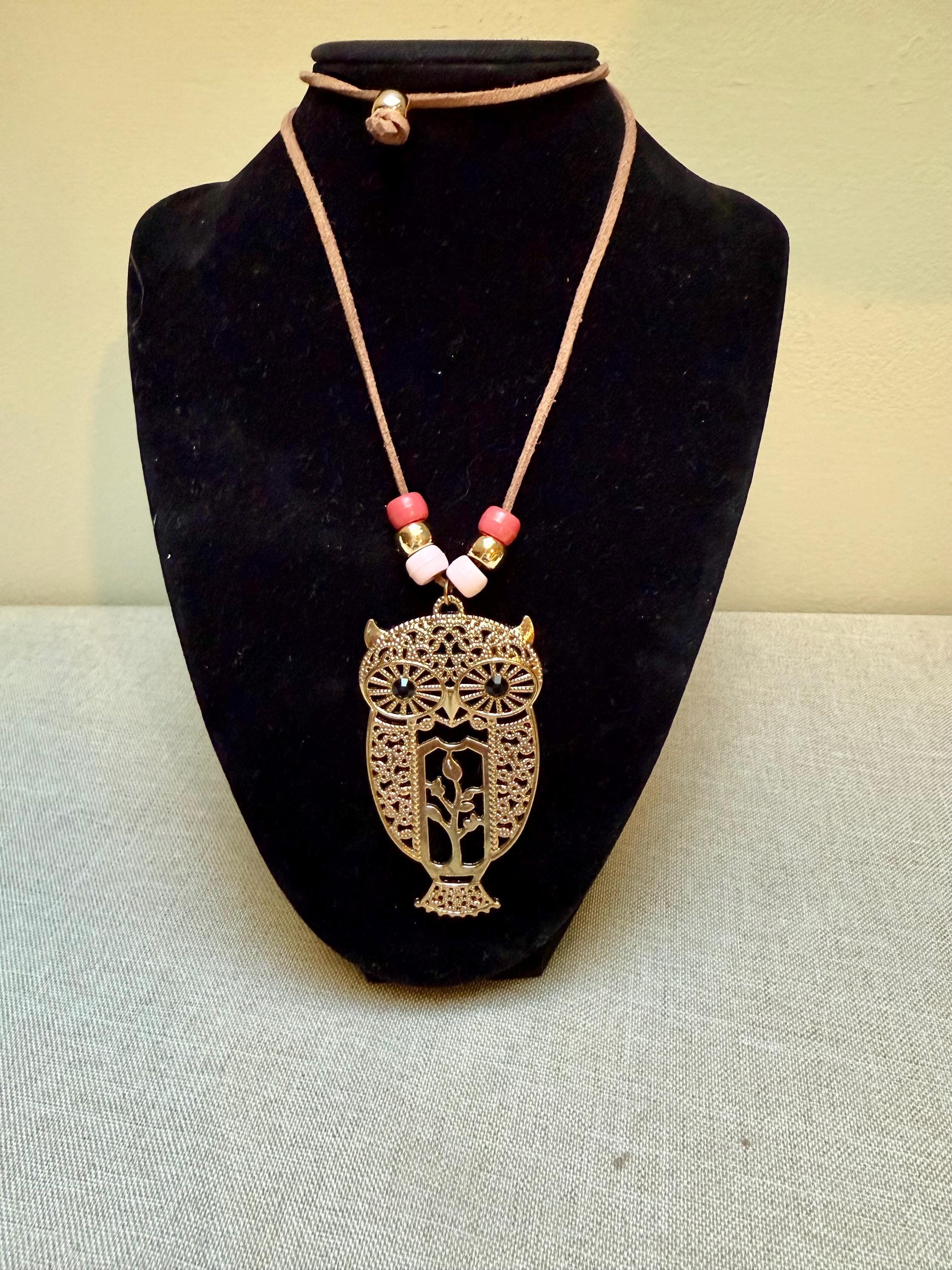 Vintage Owl Pendant Necklace Gold-Toned On Leather Cord