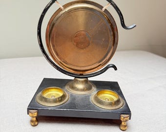 Vintage Small Metal Desktop Tabletop Brass Gong With Incense Burners