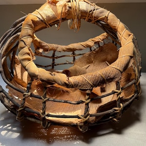 Grande cesto vintage dei nativi americani in ramoscelli e corteccia curvati.