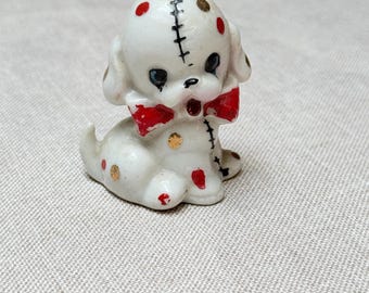 Vintage Mini Ceramic Dog Figure Red/Gold Polka Dot Puppy Knick Knacks