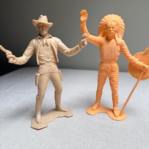 2 Vintage Louis Marx Figures 6&quot; Cowboys & Indians Plastic Action War 1964