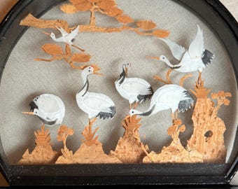 Vintage Encased Chinese Crane Cork & Paper Hand Crafted Diorama