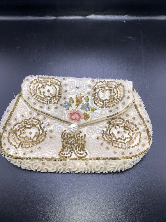Vintage Satin Embroidered and Beaded Small Clutch 