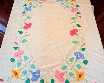 Vintage Table Cloth Hand Embroidered Morning Glories Stitched Linen 61” X 46”