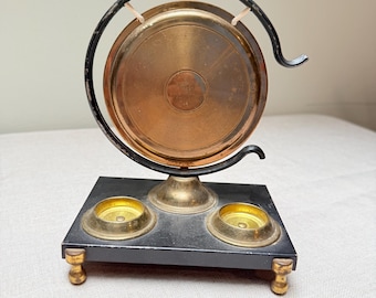 Vintage Small Metal Desktop Tabletop Brass Gong With Incense Burners