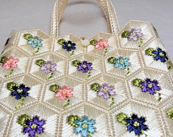 Vintage 60s Raffia Floral Tote Bag With Flowers