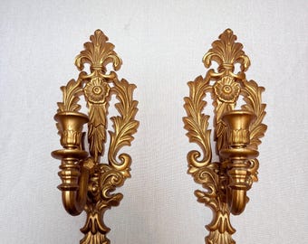 One Pair of Vintage Gold Gilded Plastic Hollywood Regency Wall Sconces Candle Holders Wall Art Mid Century