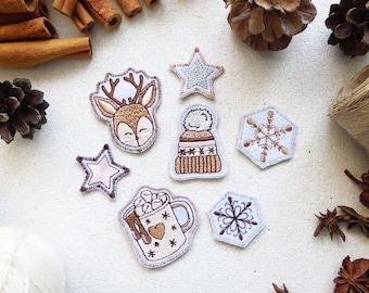 Cosy Winter Set of Patches Sew on Patches Embroidered Patch Applique Cute Patches Coffe Brown Deer Chocolate and Marshmallow Patch