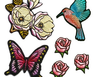 Nature Set of Patches Sew on Patch Hummingbird Roses Butterfly Flower Applique Patches for Jackets Patches for Backpacks Embroidered Patch