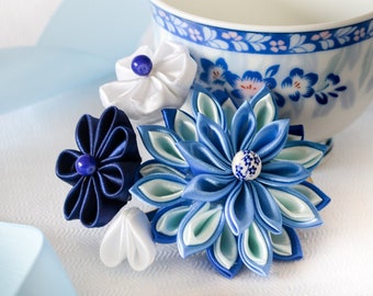 Something Blue Teacup Kanzashi | Beautiful Handmade Hair Accessory | Winter Wedding, Kimono, Yukata, Costume