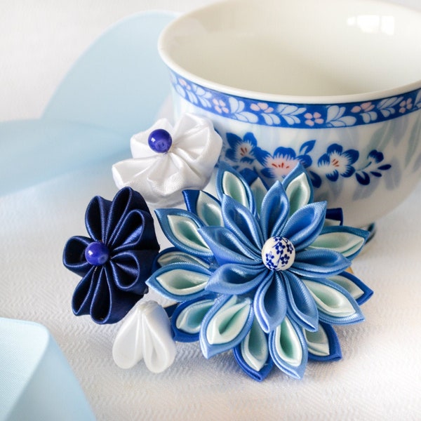 Something Blue Teacup Kanzashi | Beautiful Handmade Hair Accessory | Winter Wedding, Kimono, Yukata, Costume