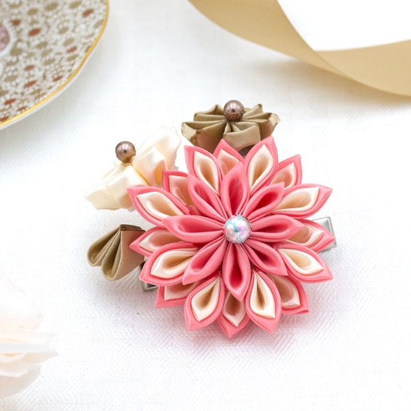 Cream, Gold, and Rose Cluster Kanzashi Hair Accessory | Unique Handmade Hair Clip for Wedding, Kimono, Yukata, Lolita, Costume